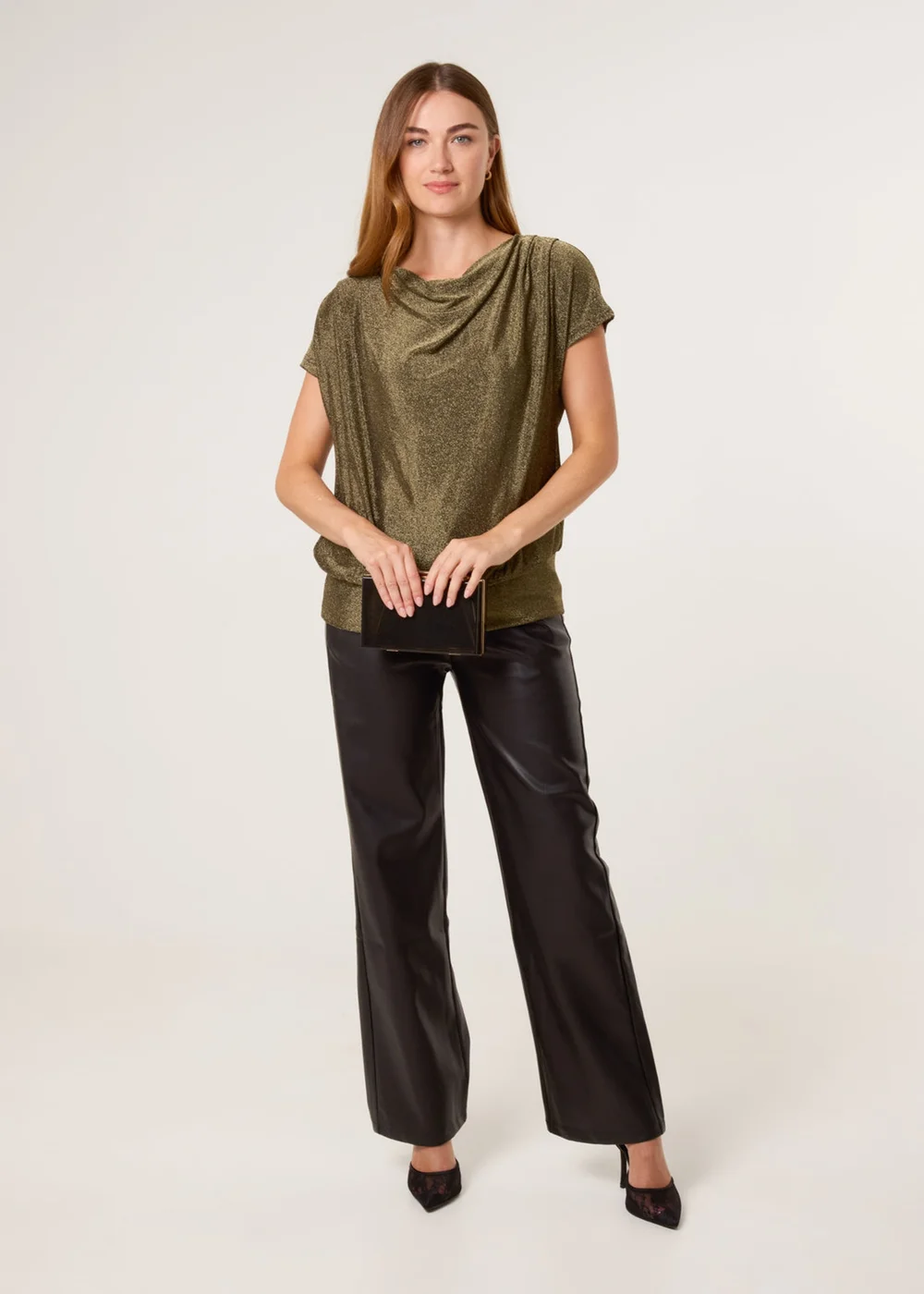 Blue Vanilla Tan Lurex Cowl Neck Draped Top - Medium/Large Image 2