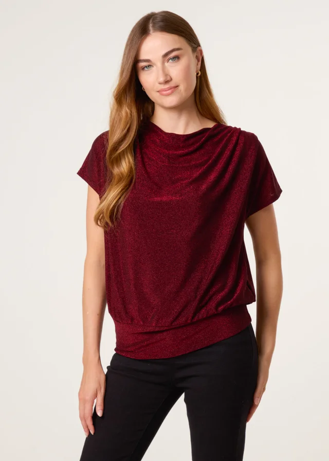 Blue Vanilla Burgundy Lurex Cowl Neck Draped Top
