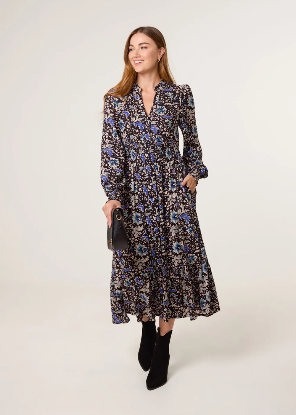 Blue Vanilla Black Paisley Shirred Waist Shirt Dress - M Image 1
