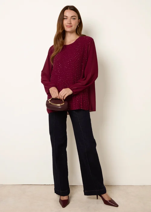 Blue Vanilla Burgundy Rhinestone Pleated Chiffon Top - One Size Image 2