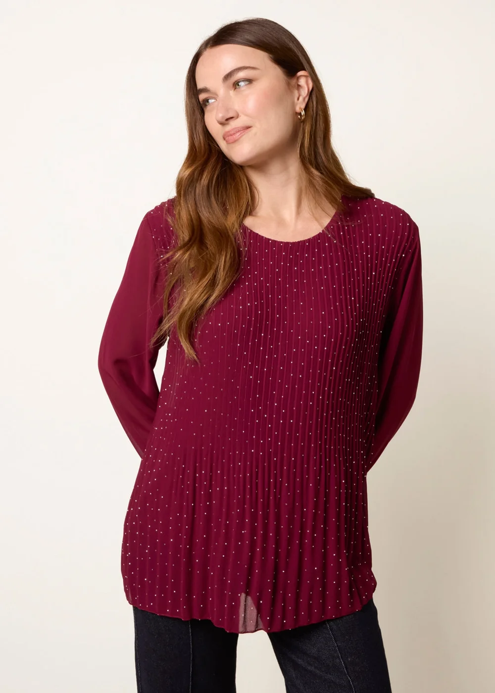 Blue Vanilla Burgundy Rhinestone Pleated Chiffon Top - One Size Image 3