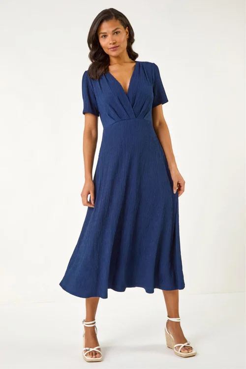 Roman Navy Textured Wrap Bodice Midi Dress - 16 Image 2