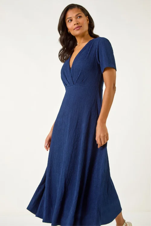 Roman Navy Textured Wrap Bodice Midi Dress - 16 Image 1