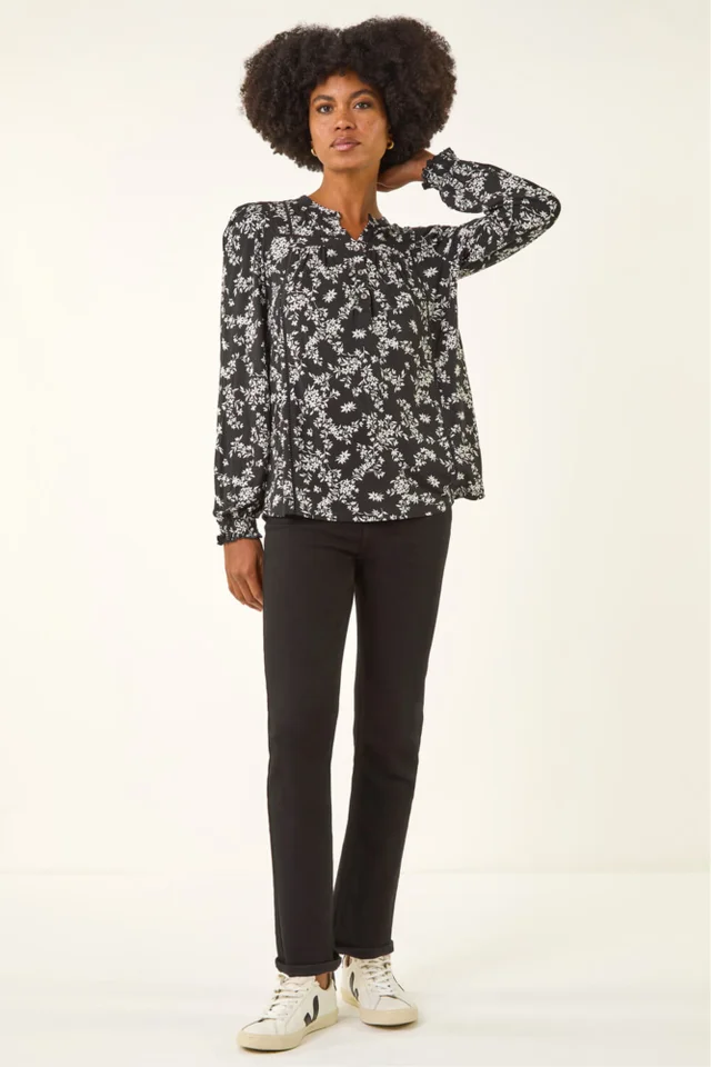 Roman Black Floral Print Long Sleeve Top