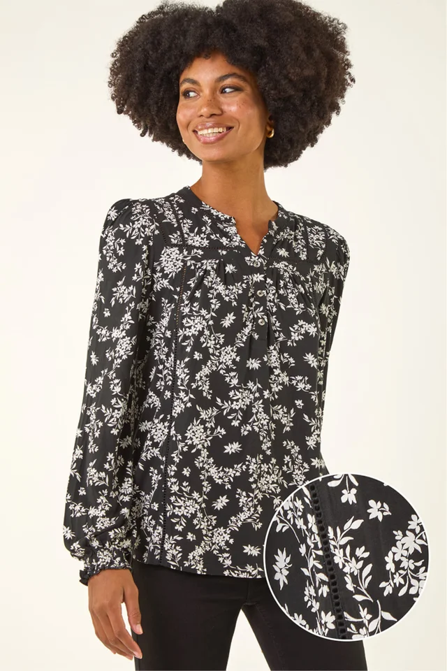 Roman Black Floral Print Long Sleeve Top