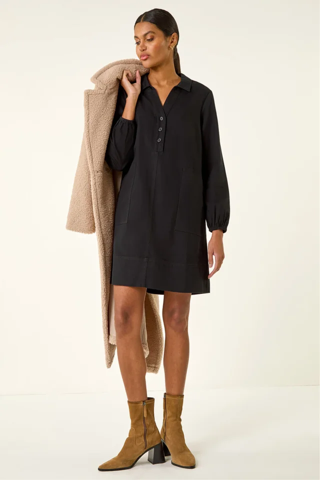Roman Black Collared Shift Shirt Dress