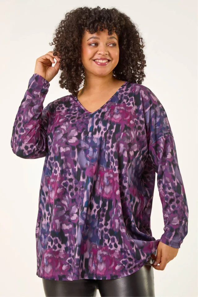 Roman Purple Curve Printed Stretch Tunic Top