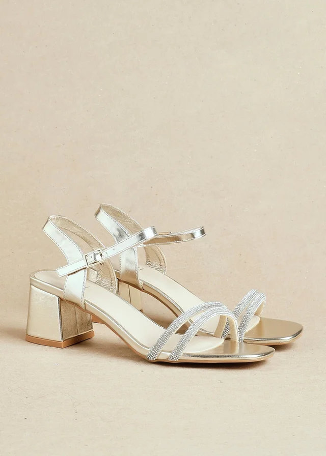 Linzi Bunty Gold Faux Leather Diamante Block Heeled Sandal
