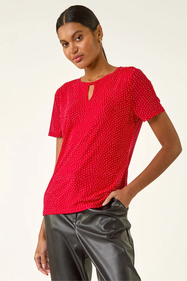 Roman Red Embellished Keyhole Stretch Top