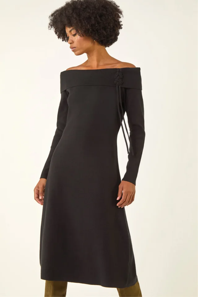 Roman Black Floral Bardot Knit Midi Dress