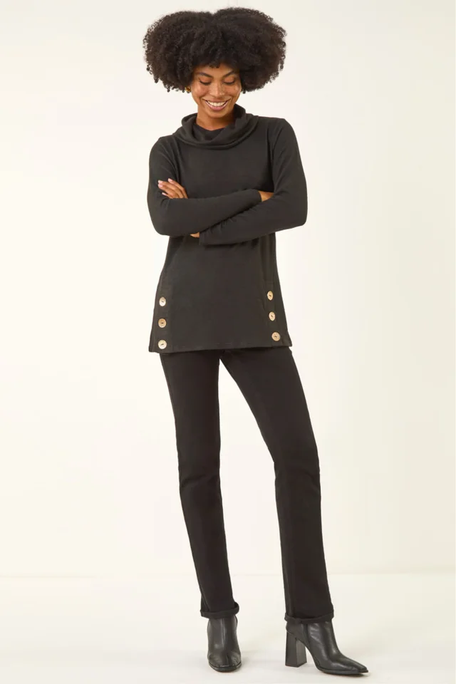 Roman Black High Neck Buttoned Top