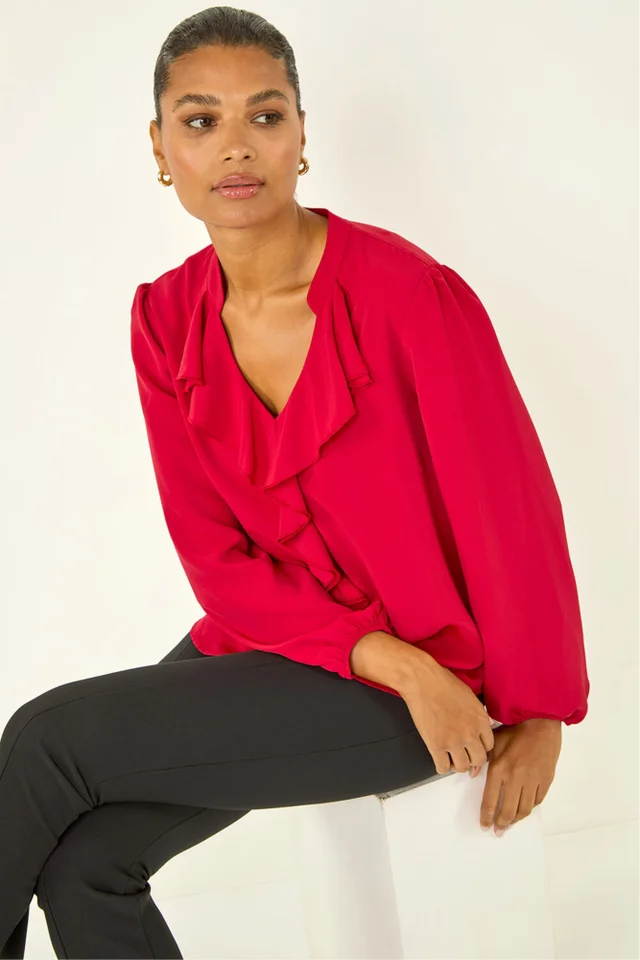 Roman Red Ruffle Neck Blouse