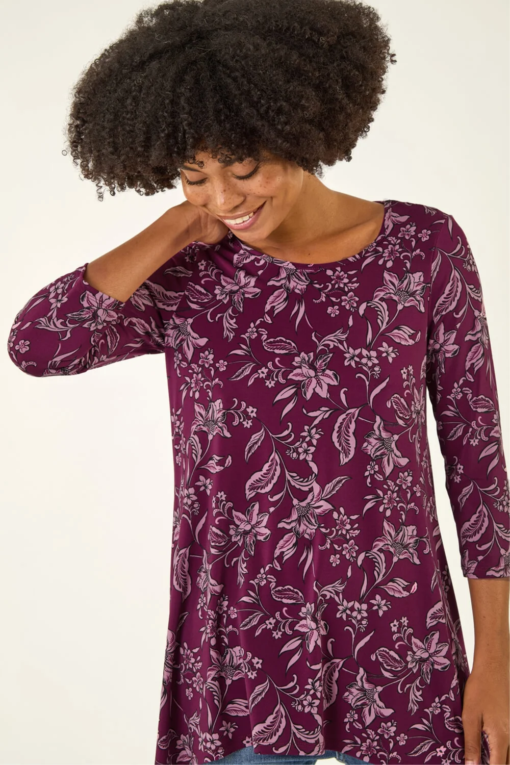Roman Burgundy Floral Hanky Hem Tunic Top - Size 18 Image 1