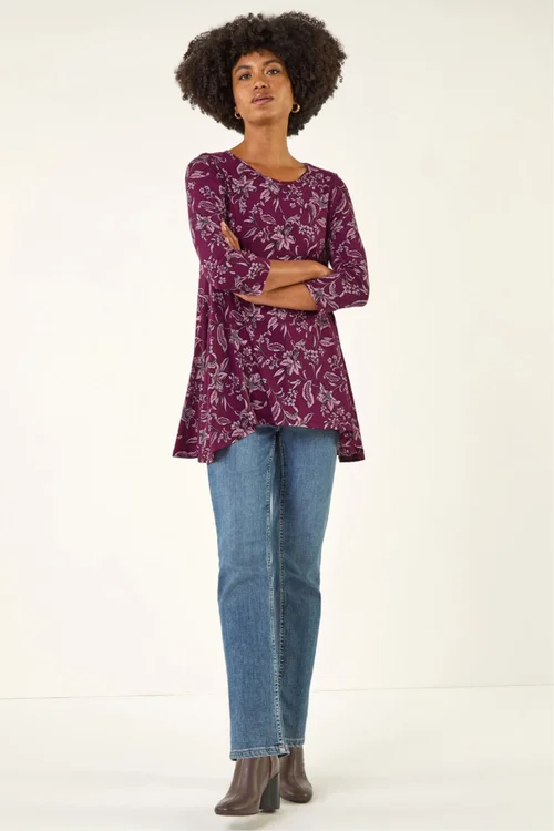 Roman Burgundy Floral Hanky Hem Tunic Top - Size 18 Image 2