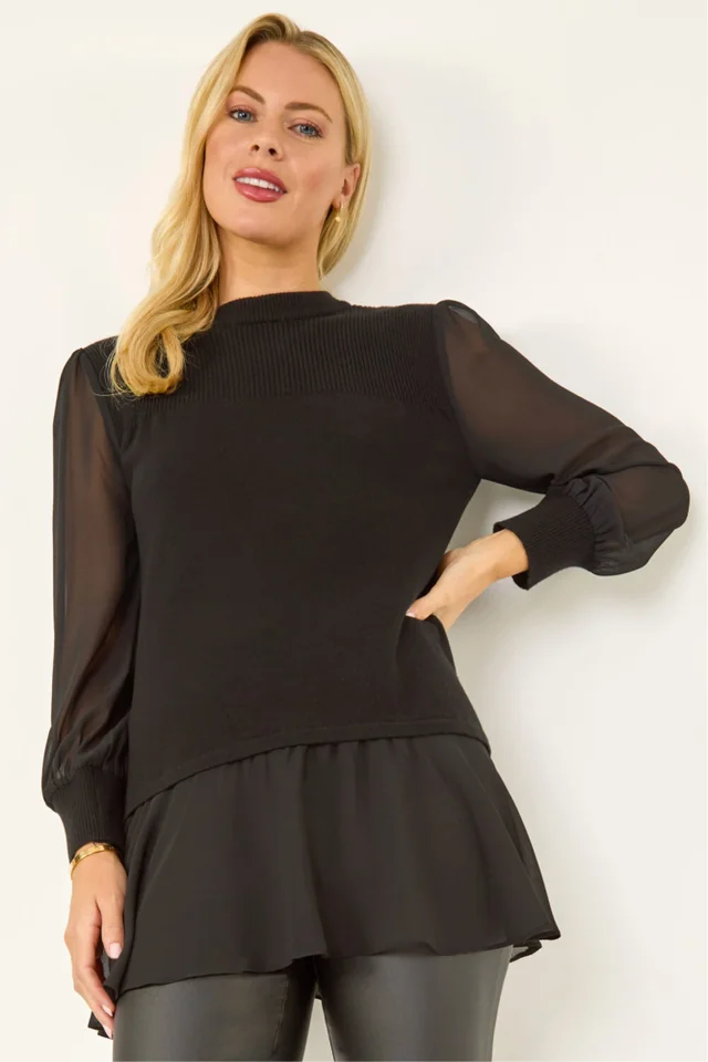 Roman Black Petite Contrast Chiffon Knit Jumper