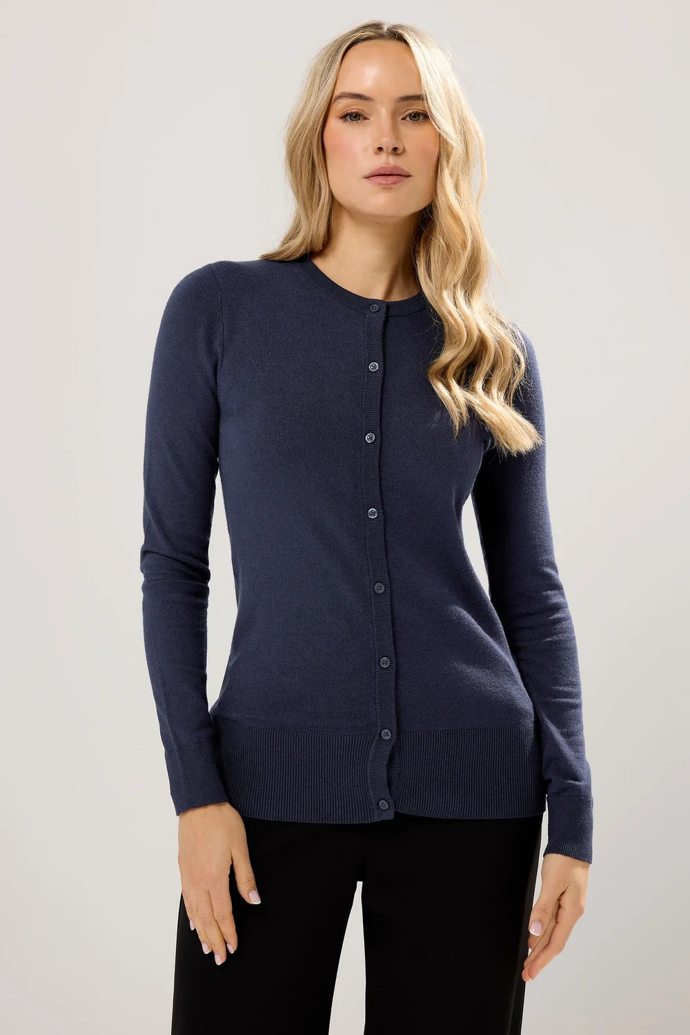 Long Tall Sally Navy Blue Crew Neck Button Cardigan - Size 8-10 Image 1