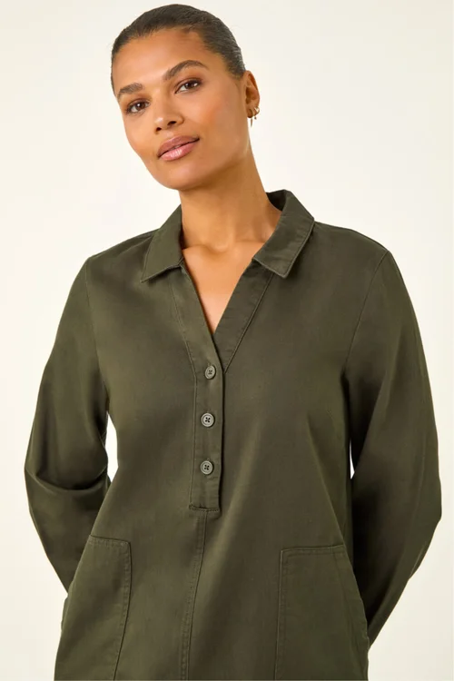 Roman Khaki Collared Shift Shirt Dress - 10 Image 4