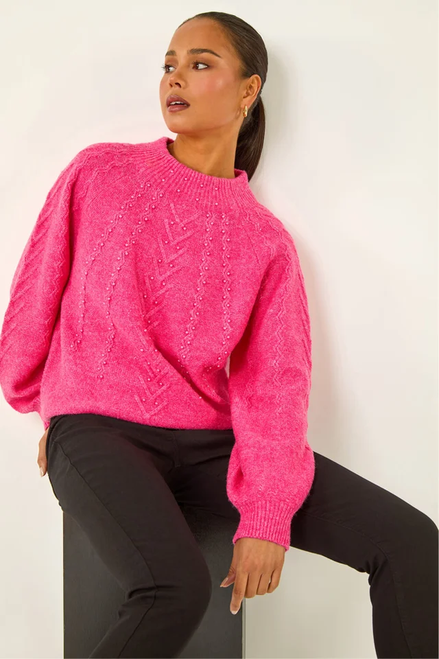 Roman Pink Petite Cable Knit Embellished Jumper