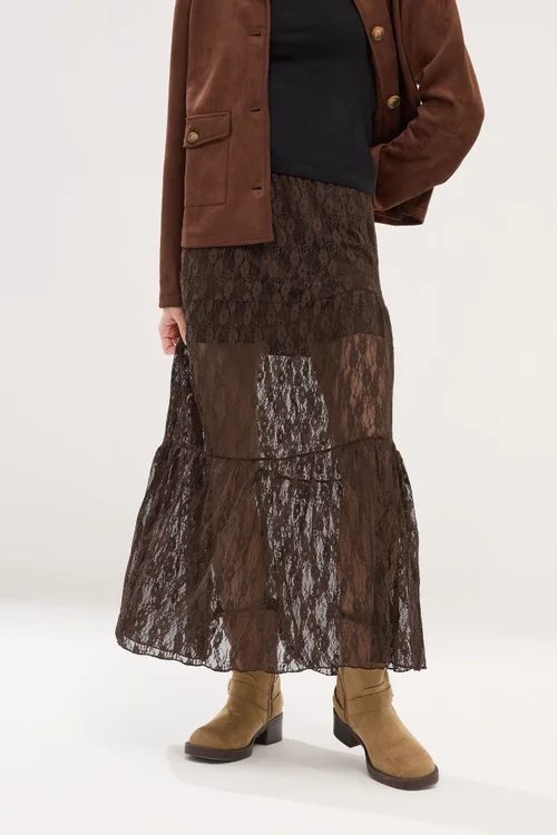 PixieGirl Petite Chocolate Brown Lace Lined Maxi Skirt - Size 10 Image 2