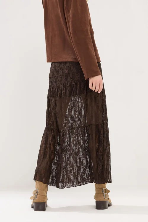 PixieGirl Petite Chocolate Brown Lace Lined Maxi Skirt - Size 10 Image 3