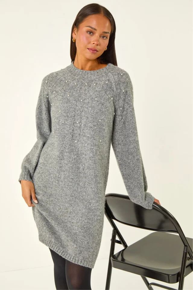 Roman Grey Petite Embellished Faux Pearl Knit Dress