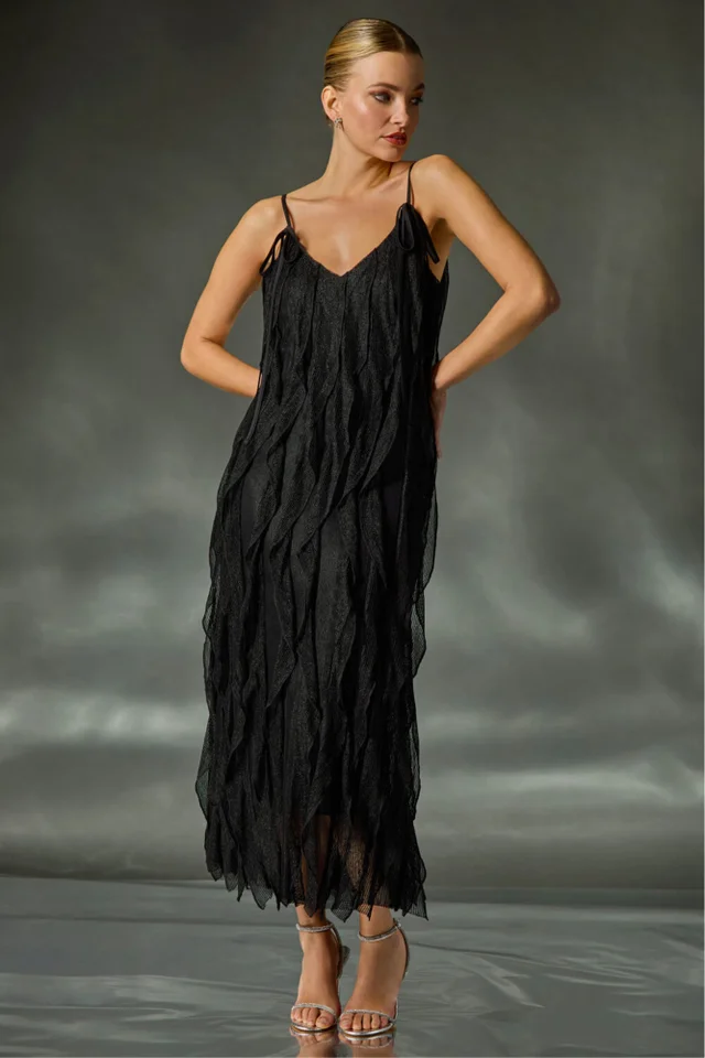 Dusk Black Frill Stretch Maxi Dress