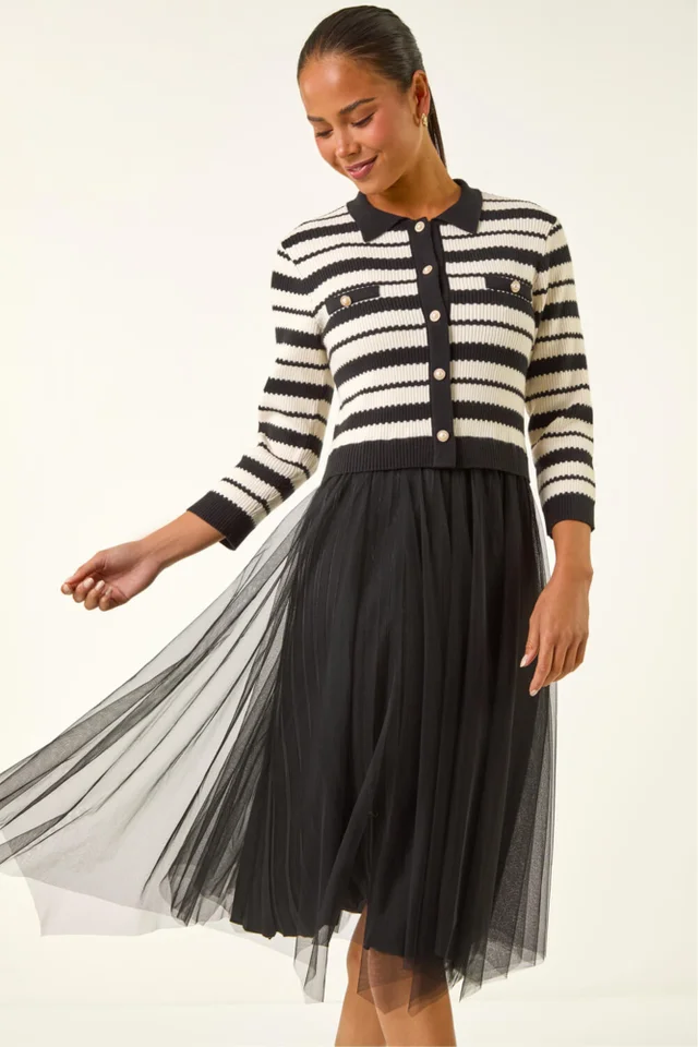 Roman Black Petite Stripe Knit Midi Dress