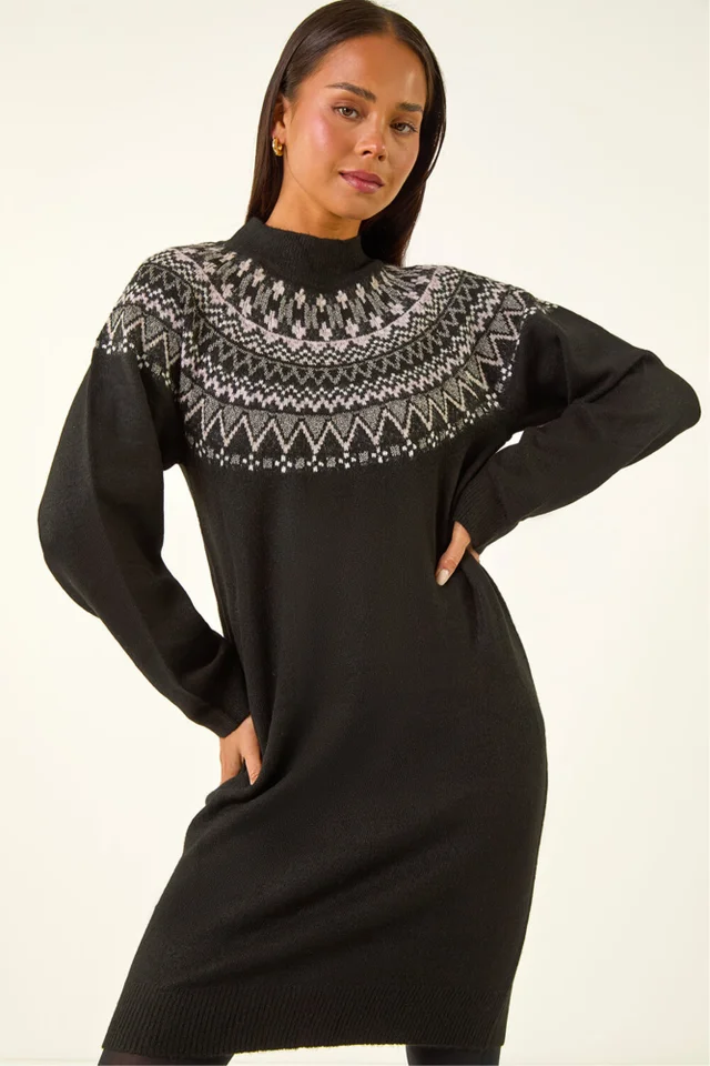 Roman Black Petite Fairisle Knit Dress