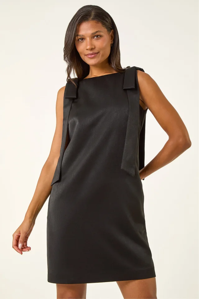Roman Black Satin Bow Detail Shift Dress