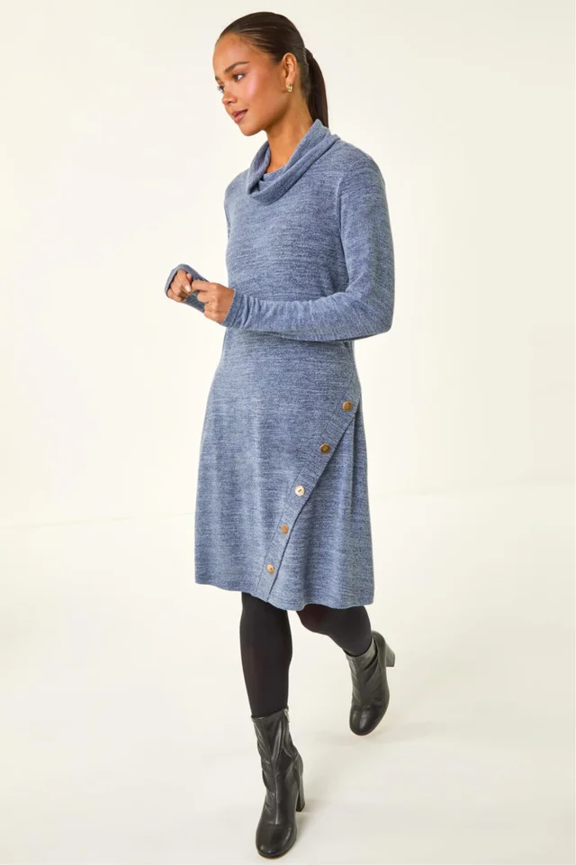 Roman Blue Petite Soft Marl Buttoned Cowl Neck Dress