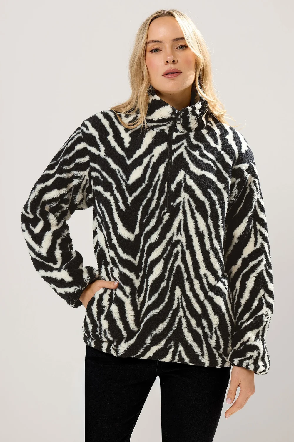 Long Tall Sally Black Zebra Half Zip Fleece Jacket - 18 Image 1