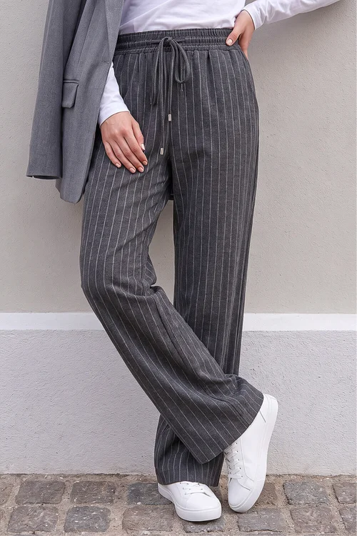 Roman Grey Petite Stripe Wide Leg Stretch Trouser - 16 Image 1