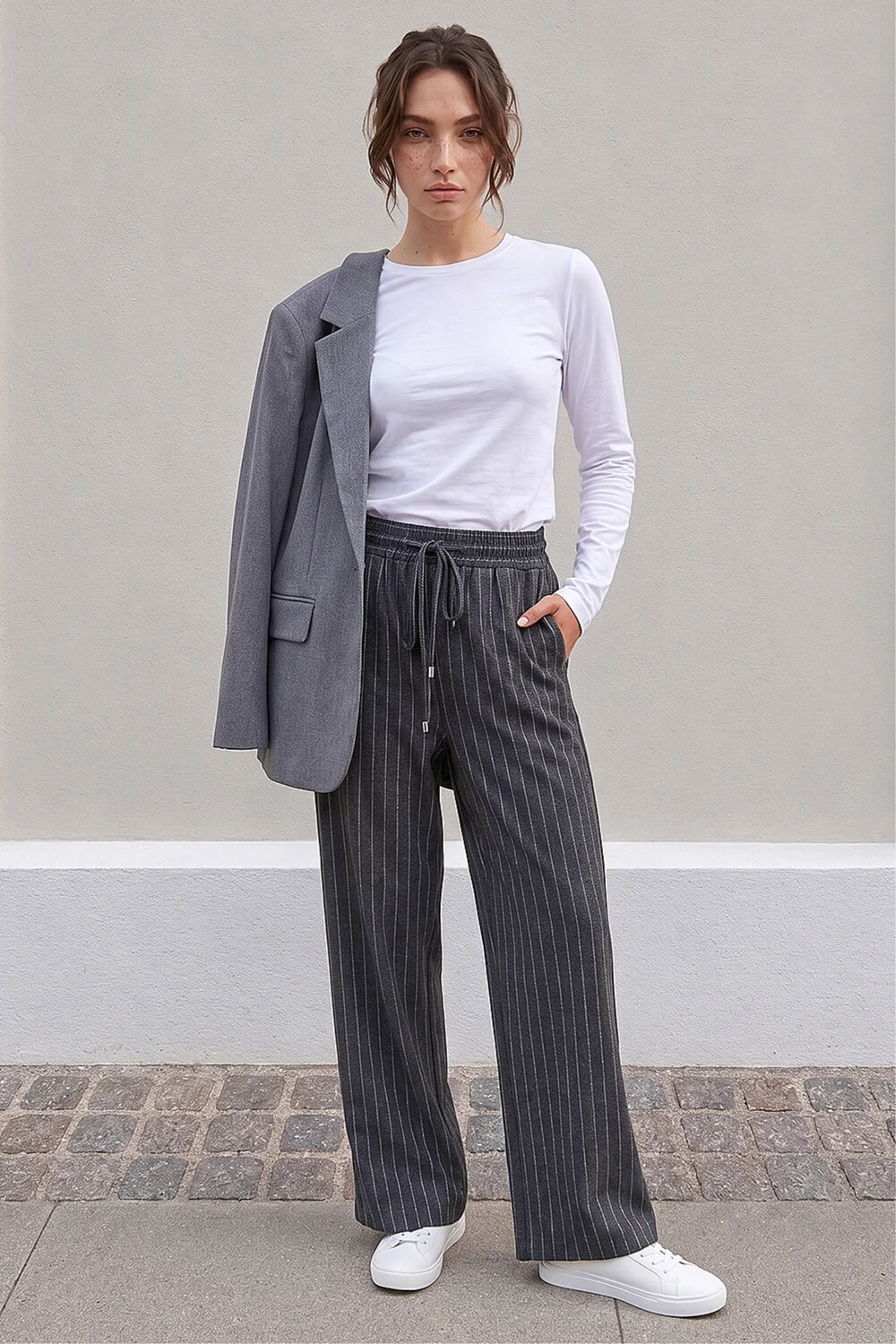 Roman Grey Petite Stripe Wide Leg Stretch Trouser - 16 Image 2