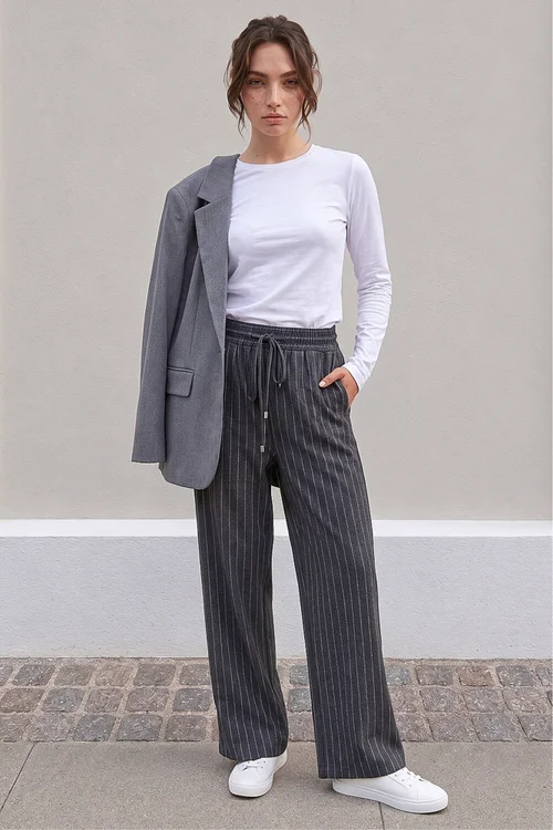 Roman Grey Petite Stripe Wide Leg Stretch Trouser - 16 Image 2