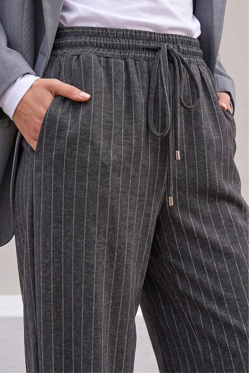Roman Grey Petite Stripe Wide Leg Stretch Trouser - 16 Image 4