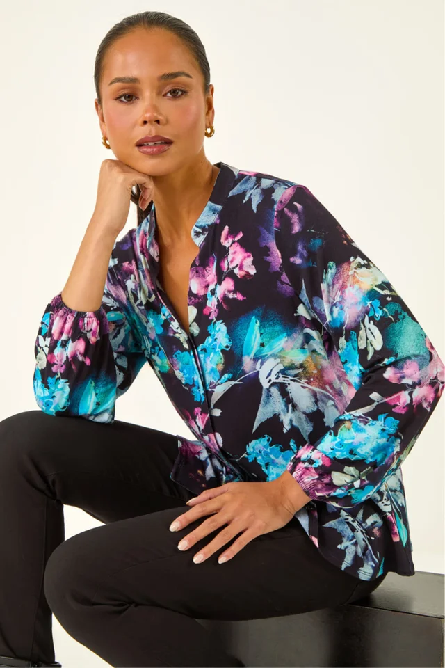 Roman Navy Petite Floral Buttoned Blouse