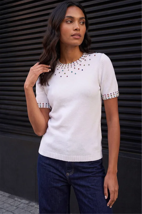 Roman Ivory Embellished Knitted Top - 12 Image 1