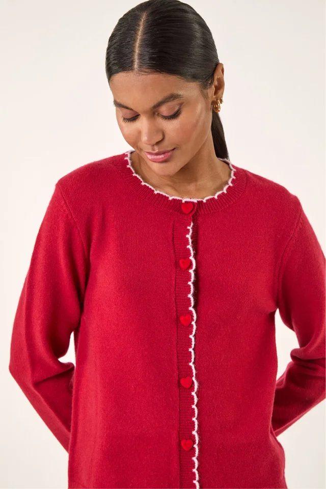 Roman Red Heart Button Scallop Edge Cardigan
