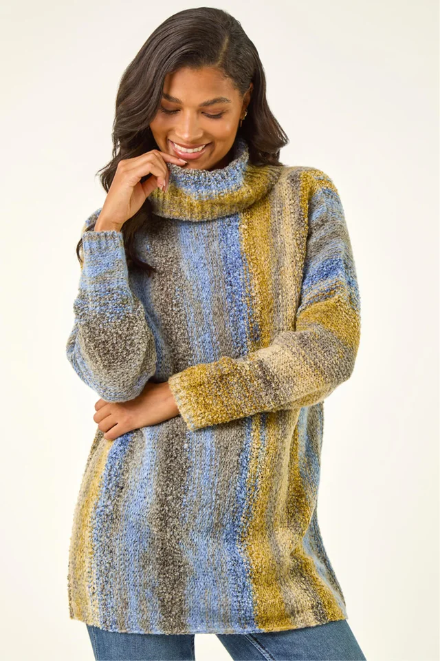 Roman Blue Boucle Stripe Cowl Neck Jumper