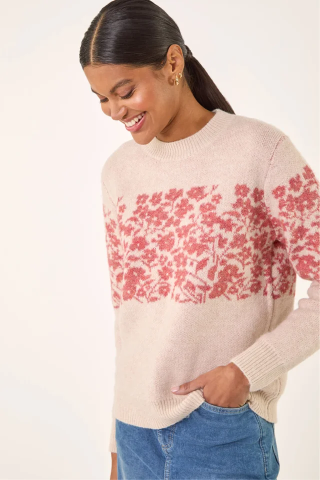 Roman Beige Soft Touch Floral Knit Jumper
