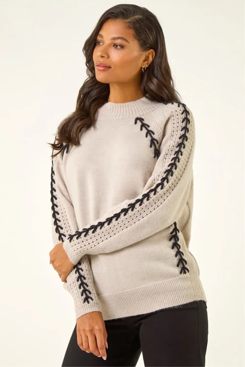 Roman Beige Blanket Stitch Knit Jumper - Size 12 Image 4
