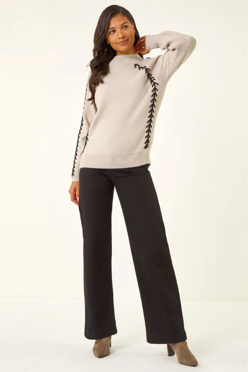 Roman Beige Blanket Stitch Knit Jumper - Size 12 Image 2