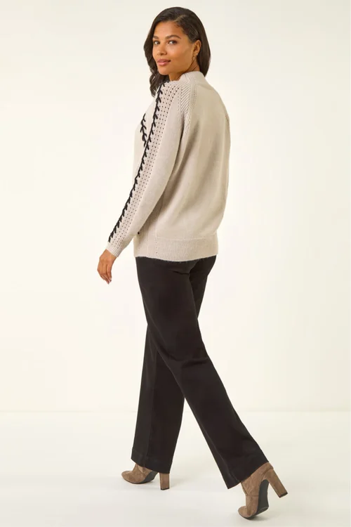 Roman Beige Blanket Stitch Knit Jumper - Size 12 Image 3