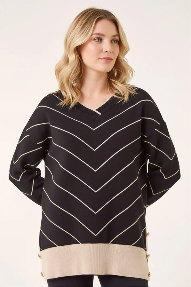 Roman Black Stripe V-Neck Knit Jumper