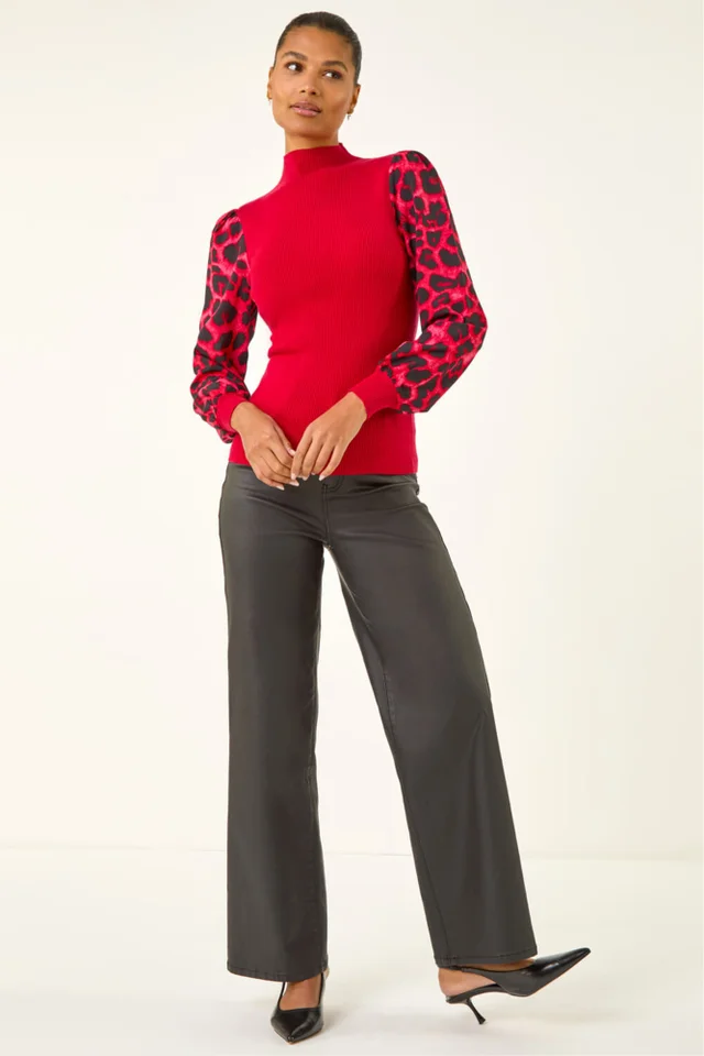Roman Red Animal Print Mesh Sleeve Knit