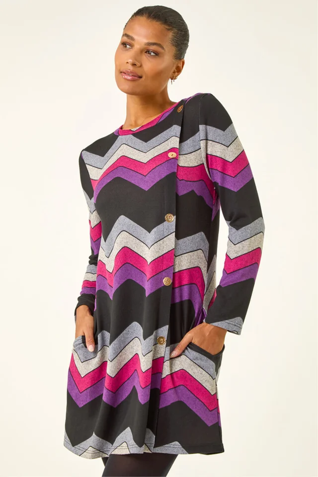 Roman Purple Zig Zag Side Button Dress