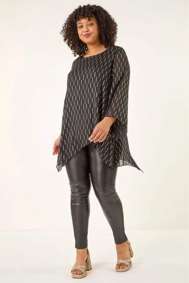 Roman Black Curve Chiffon Overlay Foil Top