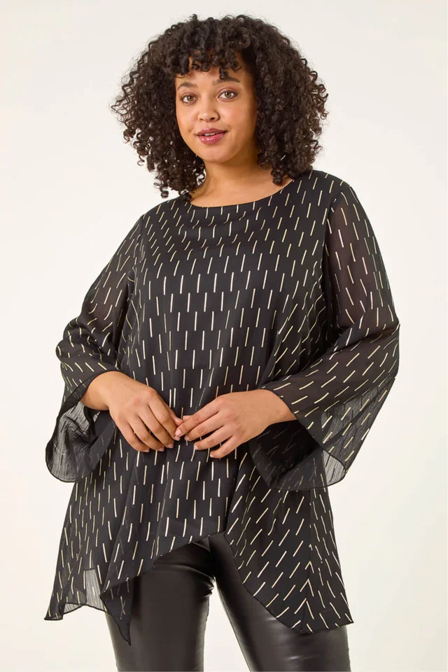 Roman Black Curve Chiffon Overlay Foil Top