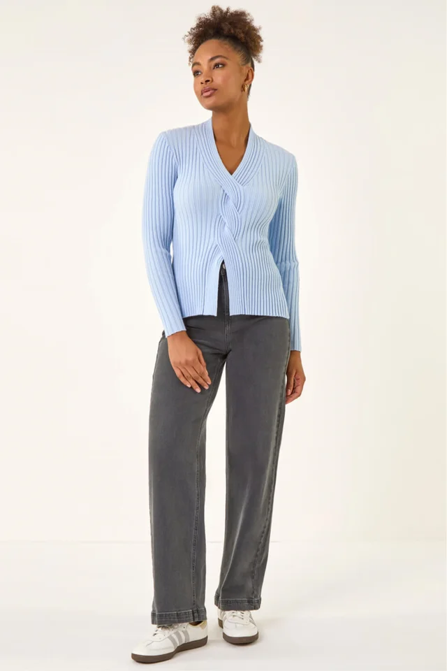 Roman Light Blue Cable Split Detail Rib Jumper