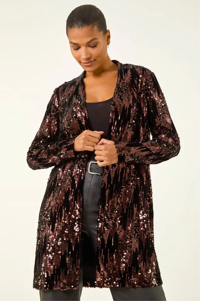 Roman Chocolate Sequin Velvet Longline Jacket